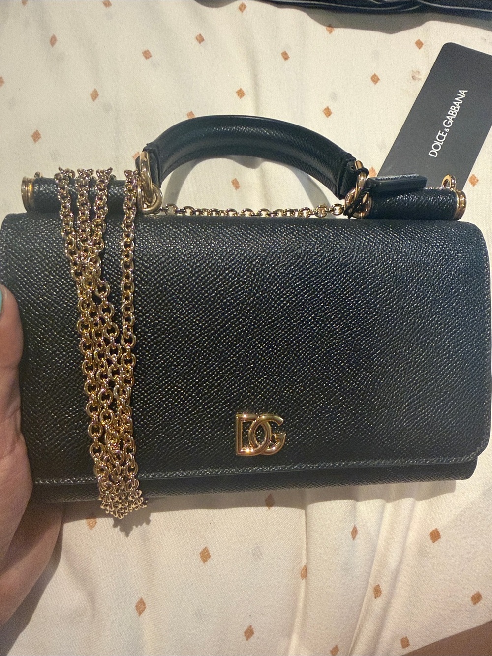 Brand new Dolce & Gabbana Black Leather Crossbody with Gold Chain and DG Logo